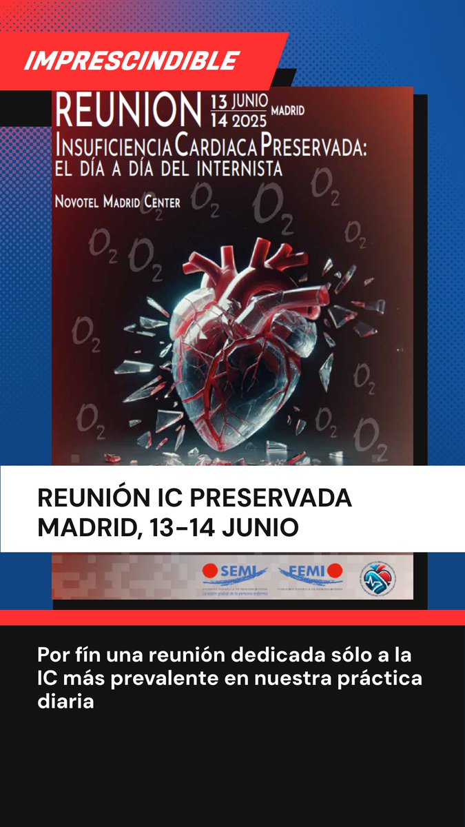 @ICyFA-SEMI (@icyfasemi) on Twitter photo Si quieres venir a nuestra reunión de IC PRESERVADA en Madrid no deberías tardar mucho en hacer tu inscripción porque las plazas vuelan🚀!! Aquí tienes el enlace!👇
fesemi.org/congresos/i-re…
<a href="/Sociedad_SEMI/">Sociedad Española de Medicina Interna (SEMI)</a> Si quieres venir a nuestra reunión de IC PRESERVADA en Madrid no deberías tardar mucho en hacer tu inscripción porque las plazas vuelan🚀!! Aquí tienes el enlace!👇
fesemi.org/congresos/i-re…
<a href="/Sociedad_SEMI/">Sociedad Española de Medicina Interna (SEMI)</a>