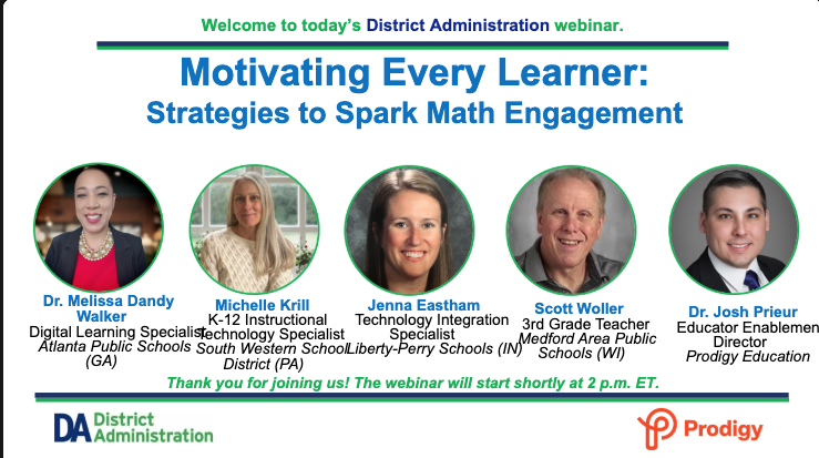 DrDandyWalker's tweet image. I’m excited to join a panel of education leaders from 3 districts as we share strategies that build both math mastery &amp;amp; motivation. Starting soon at 2 PM EST! 
#MathEngagement 
@APSInstructTech #APSITinspires @ProdigyGame 

Would love to have you join us!
event.on24.com/wcc/r/4911974/…