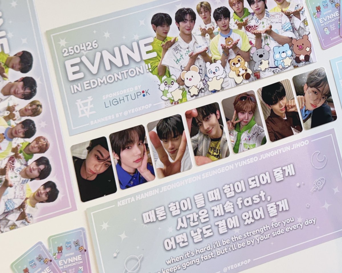 Our EVNNE banners and photocard freebies have come in! 

Pick-up location: 
📍LIGHTUPK EDMONTON, Friday April 25
📍West Edmonton Mall (exact location TBA), Saturday April 26
❤️ Please show proof of ticket!