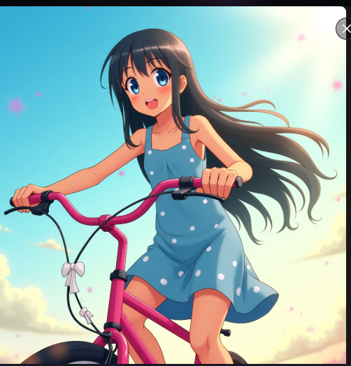 Learnt about image prompting and tried it to generate an anime image of a young girl with long black hair and blue eyes wearing a knee-length sundress riding a pink bicycle on a sunny day using  Leonardo.ai. #ALX_AiSK  <a href="/alx_africa/">ALX Africa</a>