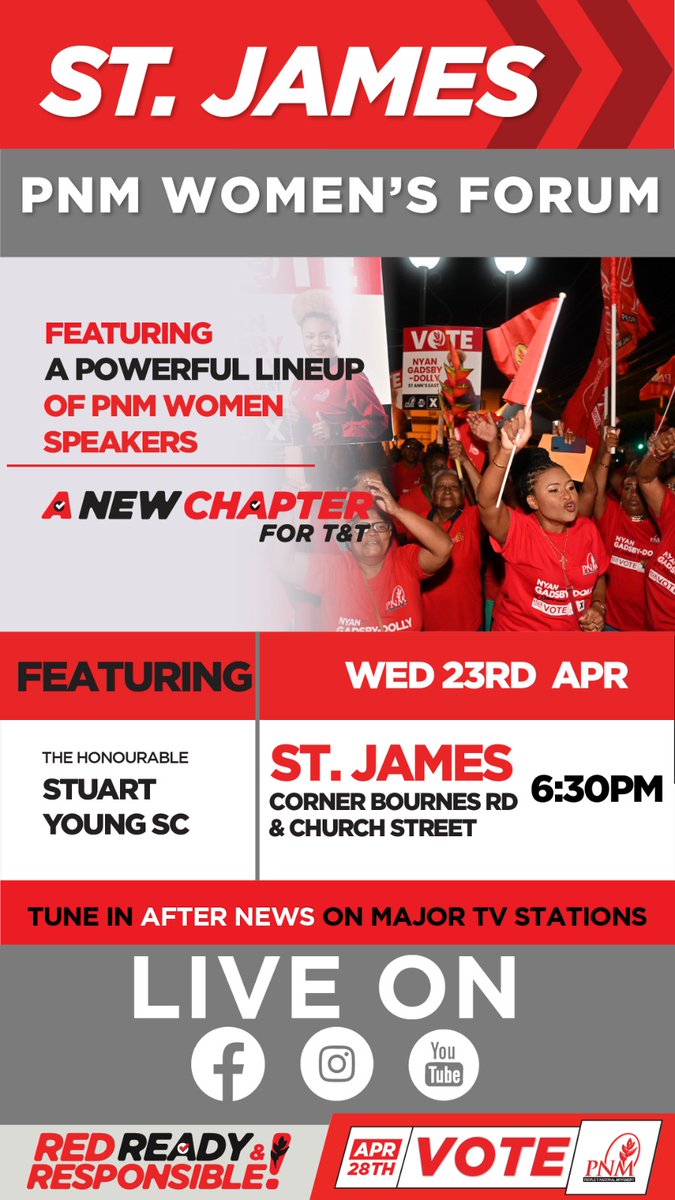 thepnmparty's tweet photo. PNM WOMEN’S FORUM – TONIGHT!
📍 *Corner Bournes Rd &amp; Church Street, St. James*  
🗓️ **Wednesday 23rd April**  
🕡 **6:30 PM Sharp!**

#REDistheWORD
#aNEWchapterforTandT #REDreadyandRESPONSIBLE #wevotingPNMonApril28 #ForABetterSaferFutureTogether #wearethePeoplesNationalMovement https://t.co/xIcSd7TVxC