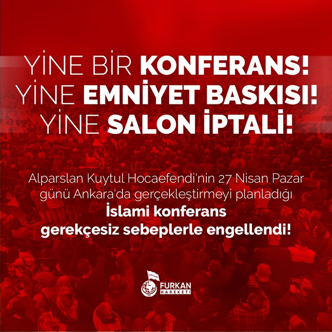 Furkan Hareketi neden engelleniyor?
El Cevap: Kur’an’ın mesajı ve peygamberlerin ortak çağrısı olan TEVHİDİN konuşulması.

DiniKonferansa Engel
#KeçiörenBelediyesi
#AnkaraEmniyeti
