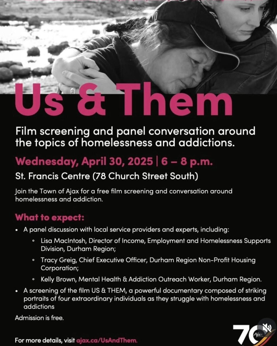 lisaforajax's tweet image. 🎥 Join us April 30, 6–8 PM at St. Francis Centre (Ajax) for a FREE screening of Us &amp;amp; Them—a moving film on homelessness &amp;amp; addiction—plus a panel led by @DoorsofCompassion’s Caitlin Rae.

Let’s break stigma &amp;amp; build understanding.
#CompassionInCommunity #UsAndThemFilm #AjaxEvents