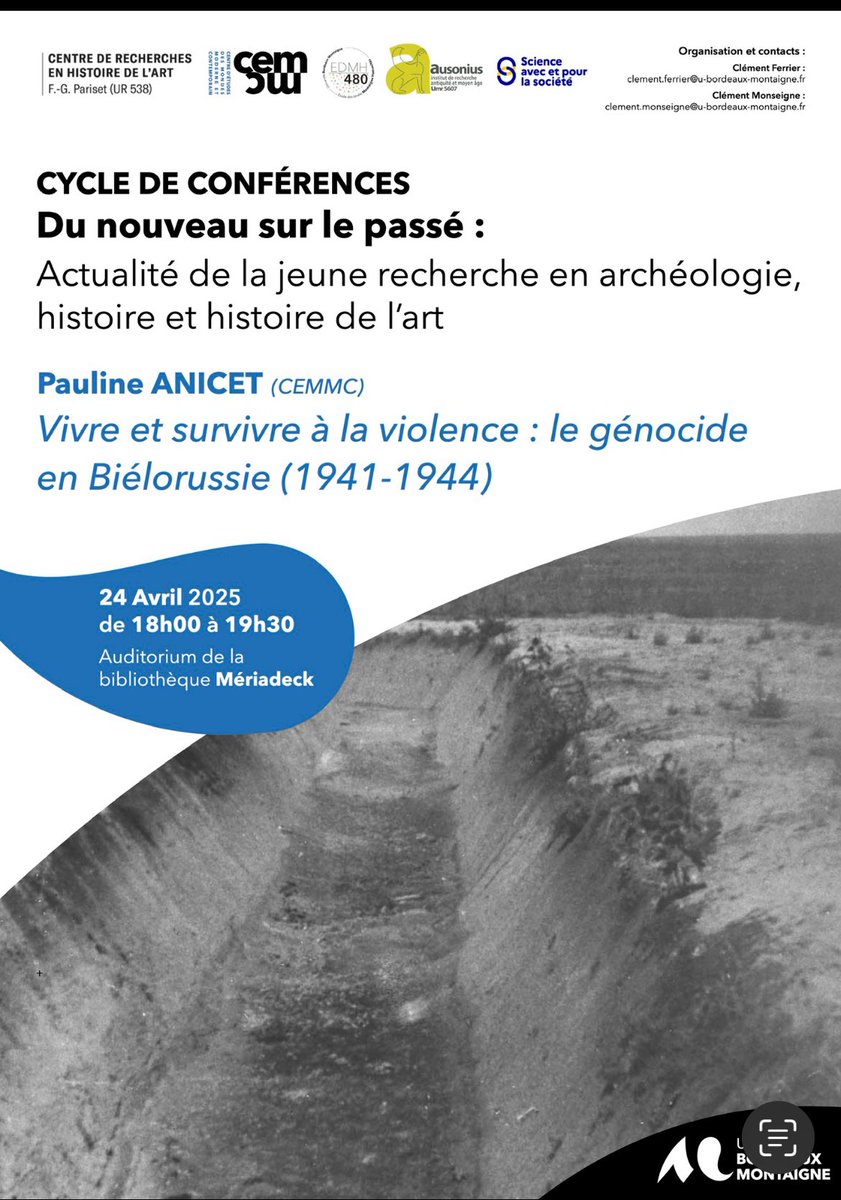 Demain 24 avril, <a href="/Pauline_Anicet/">Pauline</a> (<a href="/MrshCaen/">MRSH Caen</a> - <a href="/Cemmc33/">Cemmc</a>) présentera ses recherches sur la Shoah en Biélorussie à la bibliothèque Mériadeck !