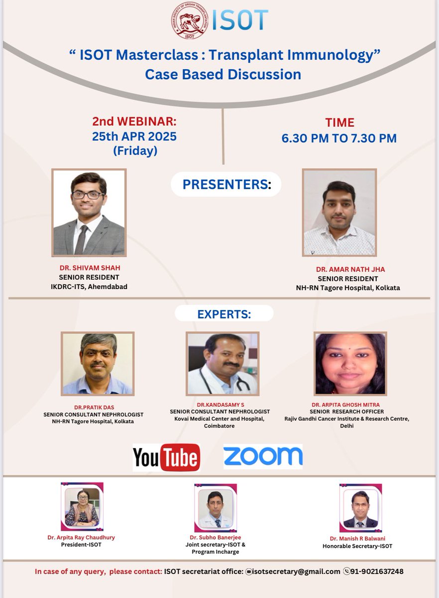 💥Gear-up for the “ISOT Masterclass: Transplant Immunology” - Case Based Discussion

📆 25 Apr 2025
🕰️ 06:30 PM IST

🔆Learn from intriguing real life cases in Transplant Immunology 

🔗 us06web.zoom.us/webinar/%0Areg…
