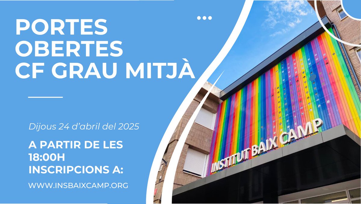 INSBaixCamp's tweet photo. No us perdeu demà les portes obertes de Cicles Formatius de Grau Mitjà. Inscripcions a la nostra web. #insbaixcampFP https://t.co/3mBnXAh8xr