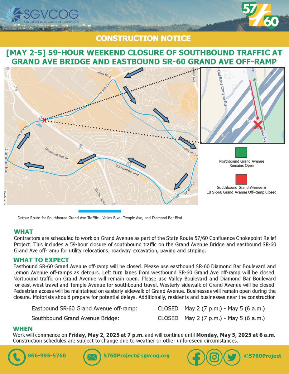 UPDATE: 4-23-25 
The SGVCOG has made an update to the Construction Notice graphic in the "What to Expect" section. 

"WHAT TO EXPECT
Eastbound SR-60 Grand Avenue off-ramp will be closed. Please use eastbound SR-60 Diamond Bar Boulevard and
Lemon Avenue off-ramps as detours. Left