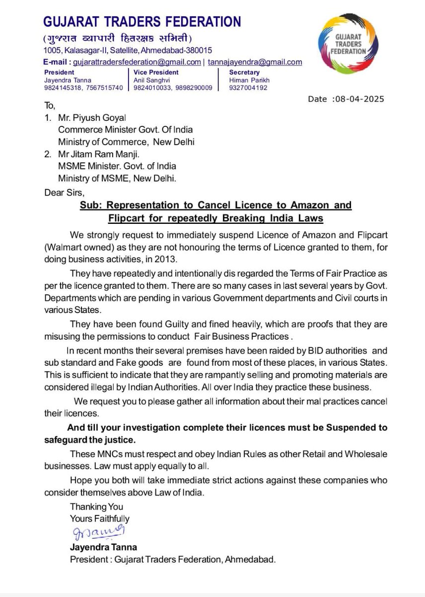 Dharmendra Kumar (@dharmendraind) on Twitter photo Cancel licence of <a href="/amazonIN/">Amazon India</a> and <a href="/Walmart/">Walmart</a> owned <a href="/Flipkart/">Flipkart</a> demands traders body of #gujrat <a href="/CHoffmanUNI/">Christy Hoffman</a> <a href="/nickrudikoff/">Nicholas Rudikoff</a> <a href="/RajendraUNI/">Rajendra Acharya</a> <a href="/CommerceUni/">UNI Commerce</a> <a href="/uniapro/">UNI Asia & Pacific</a> <a href="/AiwuInd/">Amazon India Workers Union</a> Cancel licence of <a href="/amazonIN/">Amazon India</a> and <a href="/Walmart/">Walmart</a> owned <a href="/Flipkart/">Flipkart</a> demands traders body of #gujrat <a href="/CHoffmanUNI/">Christy Hoffman</a> <a href="/nickrudikoff/">Nicholas Rudikoff</a> <a href="/RajendraUNI/">Rajendra Acharya</a> <a href="/CommerceUni/">UNI Commerce</a> <a href="/uniapro/">UNI Asia & Pacific</a> <a href="/AiwuInd/">Amazon India Workers Union</a>