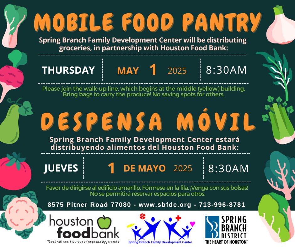 SBFDC (@sbfdcenter) on Twitter photo Thursday, May 1 at 8:30AM: Food Distribution at <a href="/SBFDCenter/">SBFDC</a> with <a href="/HoustonFoodBank/">Houston Food Bank</a>
El Jueves 1 de Mayo a las 8:30AM: Despensa de Comida en Spring Branch Family Development Center con Houston Food Bank
Thank you for helping alleviate food insecurity, <a href="/SpringBranchMD/">Spring Branch, HOU</a>! Thursday, May 1 at 8:30AM: Food Distribution at <a href="/SBFDCenter/">SBFDC</a> with <a href="/HoustonFoodBank/">Houston Food Bank</a>
El Jueves 1 de Mayo a las 8:30AM: Despensa de Comida en Spring Branch Family Development Center con Houston Food Bank
Thank you for helping alleviate food insecurity, <a href="/SpringBranchMD/">Spring Branch, HOU</a>!