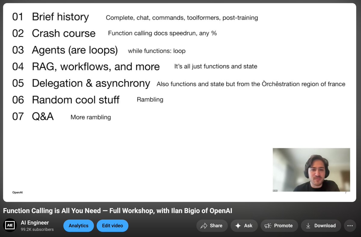 AI Engineer (@aidotengineer) on Twitter photo Run, don't walk, to the latest <a href="/aiDotEngineer/">AI Engineer</a> workshop with @openai!
**FUNCTION CALLING IS ALL YOU NEED**
free + live now on YouTube with <a href="/ilanbigio/">ilan bigio</a>! Run, don't walk, to the latest <a href="/aiDotEngineer/">AI Engineer</a> workshop with @openai!
**FUNCTION CALLING IS ALL YOU NEED**
free + live now on YouTube with <a href="/ilanbigio/">ilan bigio</a>!
