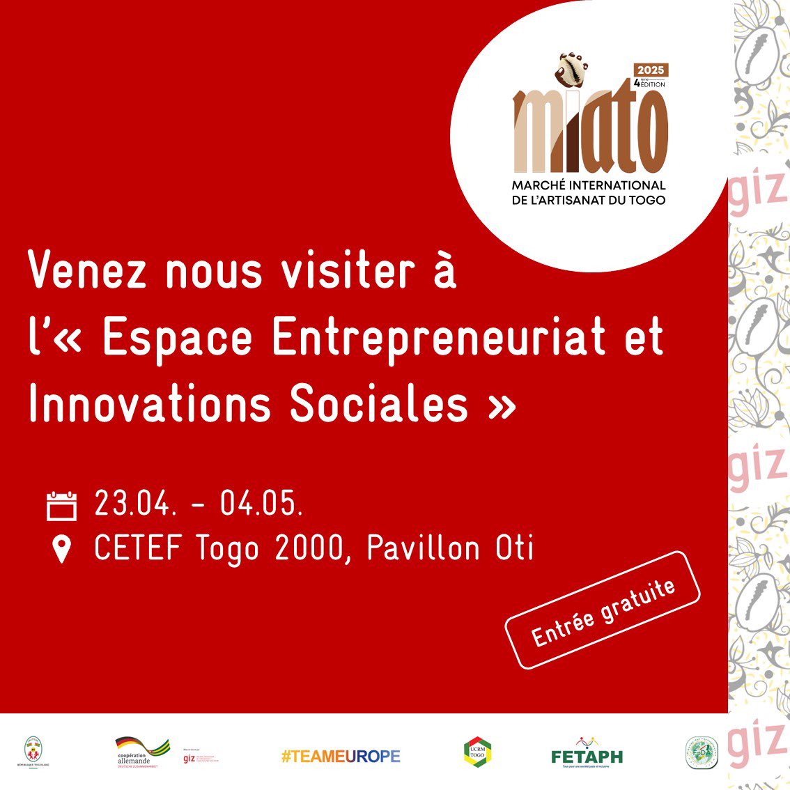 Entrepreneuriat féminin, innovation sociale, inclusion économique : La Coopération allemande soutient celles et ceux qui bâtissent un avenir plus équitable.
RDV au <a href="/miatoTG/">MIATO</a> au stand « Espace Entrepreneurial &amp; Innovations Sociales » du 23/05 au 04/05 ! #MIATO2025