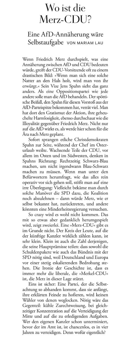 Eine „Merz“-CDU gibt es im Grunde nicht. Es ist jetzt zunehmend die liberale, die „Merkel“-CDU, die Merz jetzt stützt - andere orientieren sich schon Richtung Schwarz-Blau, um nicht irgendwann Blau-Schwarz machen zu müssen. Mein Leitartikel heute in ⁦<a href="/DIEZEIT/">DIE ZEIT</a>⁩