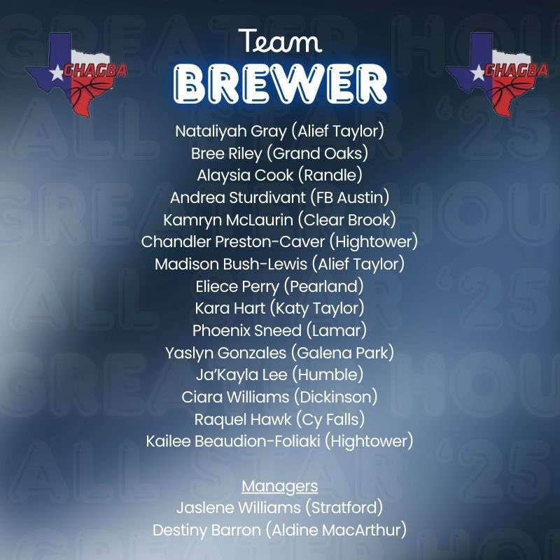 Meet the ASG Coaches:

⭐️⭐️Jasmine Brewer-Hightower HS ⭐️⭐️

Don’t miss the 2025 GHAGBA All-Star Game.

Will Coach Brewer and her Blue team take it all?! Meet us there to find out!

🗓️ Saturday, May 3rd
🕐 2:00 PM
📍Bridgeland HS 
10707 Mason Rd. 
Cypress, Tx 77433