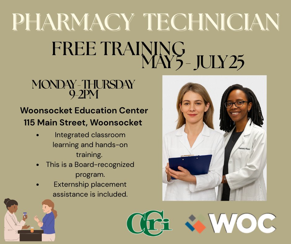 Free training starting 5/5 for Pharmacy Technicians.  Day &amp; night options. This is a Pharmacy Technician Certification Board-recognized program. Externship placement assistance included. More at:  ccri.edu/workforce/work…
