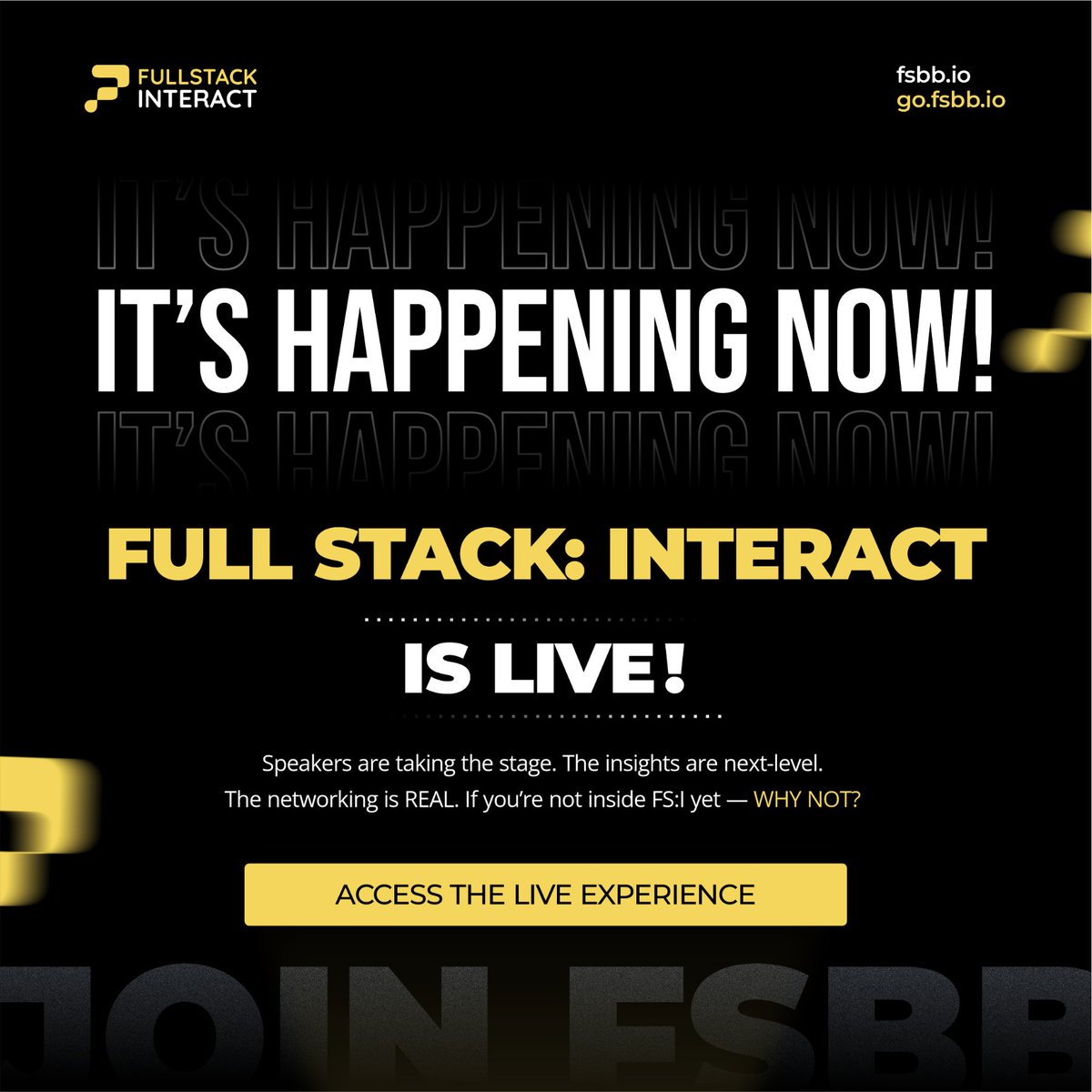 Full Stack Business Builder Network (@fullstackbb) on Twitter photo ITโS HAPPENING RIGHT NOW ๐จ
Full Stack: INTERACT is LIVE
โ
7 powerhouse panels
โ
20+ no-fluff speakers
โ
1 community of real business builders
From the minds behind <a href="/trillburgers/">trillburgers ๐</a>, <a href="/AnimeExpo/">Anime Expo</a>, <a href="/jaltucher/">James Altucher</a> , <a href="/cmnd_line/">Command Line</a>, and moreโthis isnโt theory. This is how itโs really done. ITโS HAPPENING RIGHT NOW ๐จ
Full Stack: INTERACT is LIVE
โ
7 powerhouse panels
โ
20+ no-fluff speakers
โ
1 community of real business builders
From the minds behind <a href="/trillburgers/">trillburgers ๐</a>, <a href="/AnimeExpo/">Anime Expo</a>, <a href="/jaltucher/">James Altucher</a> , <a href="/cmnd_line/">Command Line</a>, and moreโthis isnโt theory. This is how itโs really done.