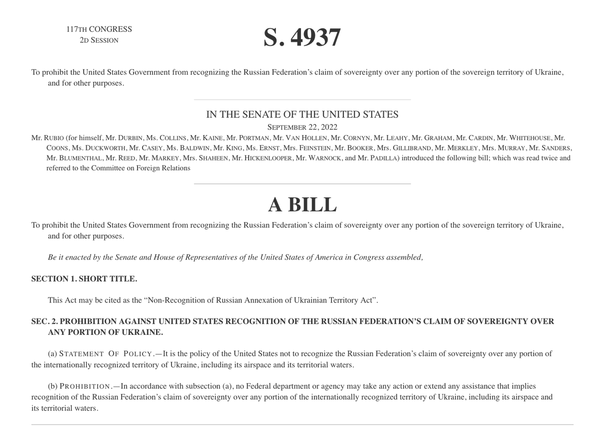 RobbieGramer's tweet photo. Back in 2022, then-Senator Marco Rubio led bipartisan bills that would ban the U.S. from recognizing Ukrainian territory annexed by Russia.

A version of this was passed into law in the NDAA that year https://t.co/OeXxyiB1BL