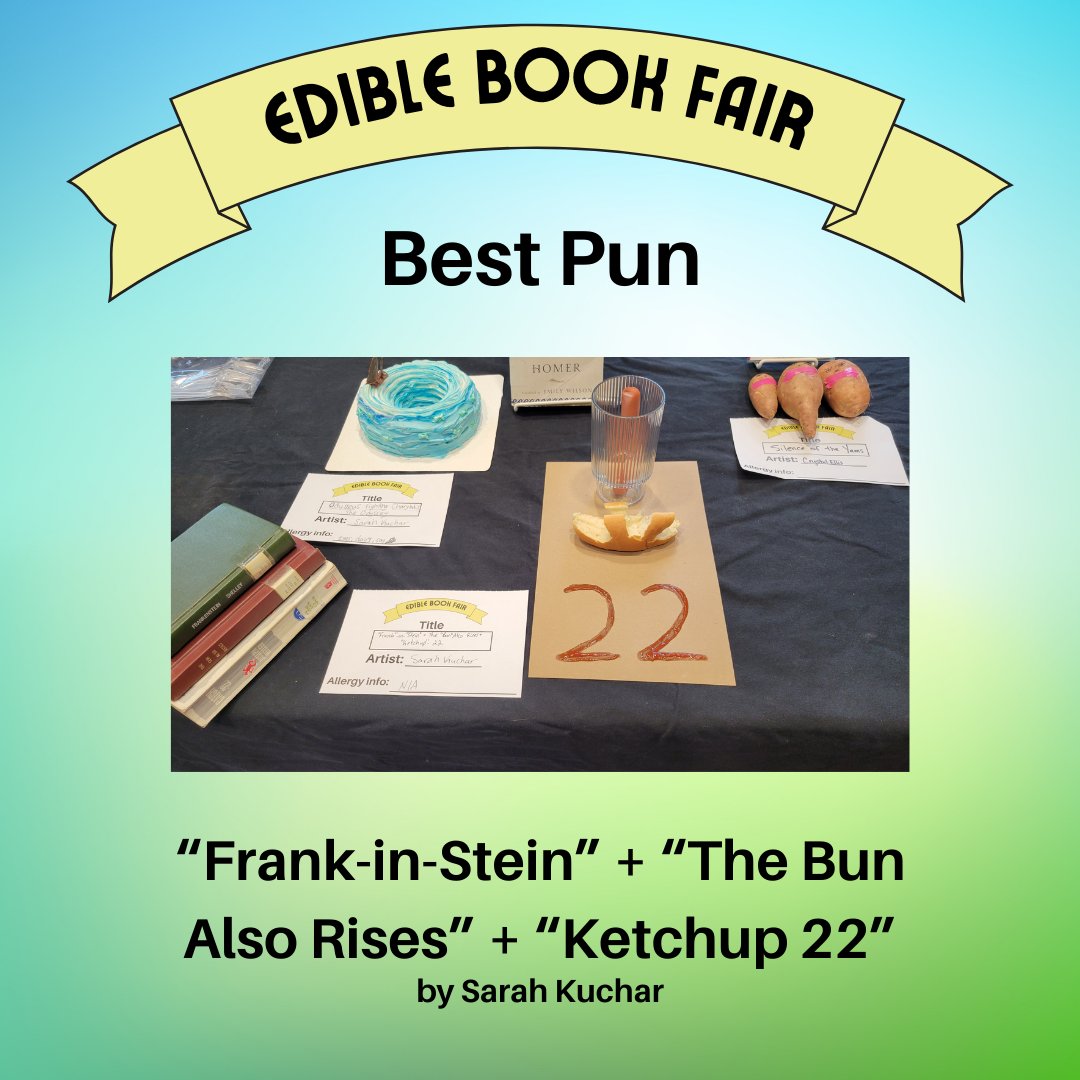 The Edible Book Festival concluded Friday evening with three winners. Scroll to see all the winners and their categories. Thank you to all who participated and voted on these creative entries.