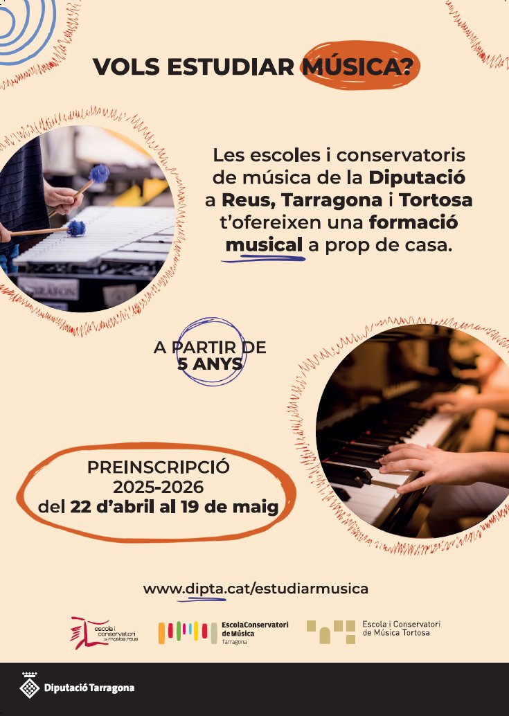 🎶Vols viure la música? ❤
Vols tocar en orquestres, bandes, conjunts de guitarres i de pianos? 🎷🎸🎹🎺🎻
Vols cantar en una coral amb nenes i nens de la teva edat? 👦👧👧🏻👧🏽
Al <a href="/cmreus/">Conservatori Reus</a> fa 50 anys que fem sonar Reus! 
+info a dipta.cat/cmreus/ ℹ
#sonsqueeduquen <a href="/Dipta_cat/">Diputació de Tarragona</a>