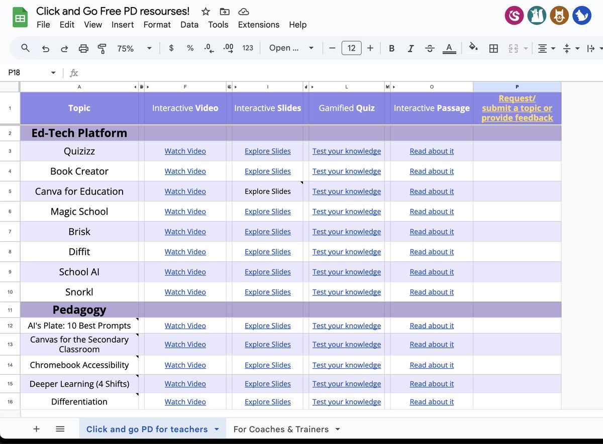 After months of work, this click-and-go PD activity sheet is finally ready to share! It’s packed with ready-to-use PD activities on all sorts of topics, and it’s 100% free! 😀
 docs.google.com/spreadsheets/d…

I really hope it's as helpful as I think it will be for coaches, teachers and