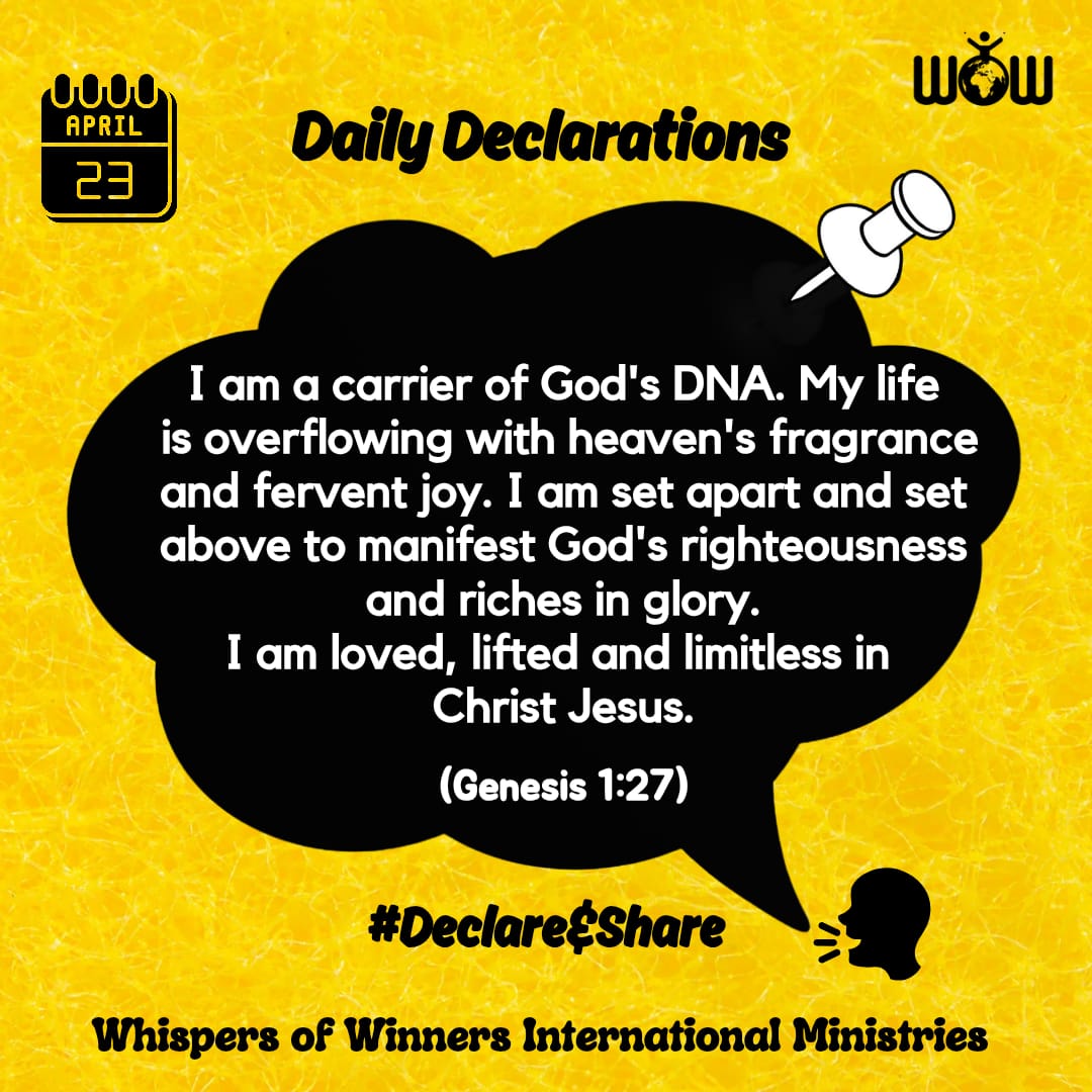 WinnersWhispers's tweet image. Declare this:

I am a carrier of God's DNA. My life is overflowing with heaven's fragrance and fervent joy. I am set apart and set above to manifest God's righteousness and riches in glory.
I am loved, lifted, and limitless in Christ Jesus.

#Declare&amp;amp;Share
#WhispersofWinners