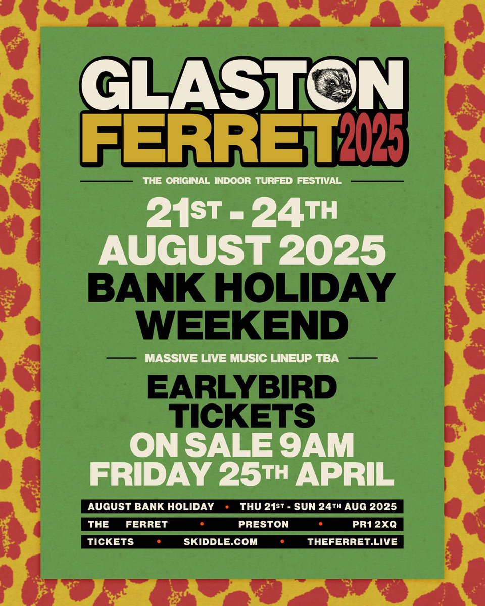 🚨GLASTONFERRET 2025 – Earlybird tickets on sale this Friday!🚨
The original indoor turfed festival returns: 4 days of live music, real turf &amp; hay bales, DJs, stalls, food, late-night chaos &amp; more.
🌱 21–24 August
🌱 theferret.live/listings/glast…