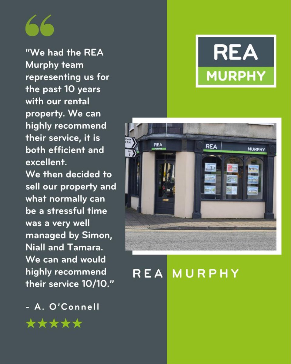 We’re delighted to see such high praise for:
Harry &amp; Keith at REA Sothern (Carlow) 👏 
Helen at REA Hynes (Athlone) 👏 
Simon, Niall &amp; Tamara at REA Murphy (Wicklow) 👏 

Buying or selling? Experience this five-star service for yourself:
rea.ie/find-an-agent

#REABringsYouHome