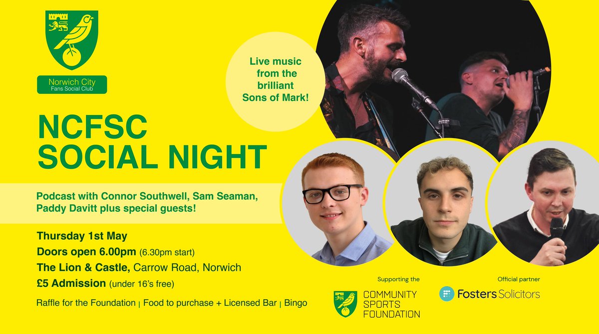 Norwich City FSC (@norwichcityfsc) on Twitter photo Just a reminder that our end of season Social Event will be on May 1st at the Lion and Castle. Brilliant guests <a href="/cjsouthwell1902/">Connor Southwell</a> ,<a href="/paddyjdavitt/">Paddy Davitt</a> ,<a href="/SamSeaman8/">Samuel Seaman</a> with music from <a href="/sonsofmarkUK/">Sons Of Mark ๐ธ</a>. Raffle for <a href="/WeAreTeamCSF/">Team CSF</a> ,half time bingo all for ยฃ5 with under 16's free. Might be lively! Just a reminder that our end of season Social Event will be on May 1st at the Lion and Castle. Brilliant guests <a href="/cjsouthwell1902/">Connor Southwell</a> ,<a href="/paddyjdavitt/">Paddy Davitt</a> ,<a href="/SamSeaman8/">Samuel Seaman</a> with music from <a href="/sonsofmarkUK/">Sons Of Mark ๐ธ</a>. Raffle for <a href="/WeAreTeamCSF/">Team CSF</a> ,half time bingo all for ยฃ5 with under 16's free. Might be lively!