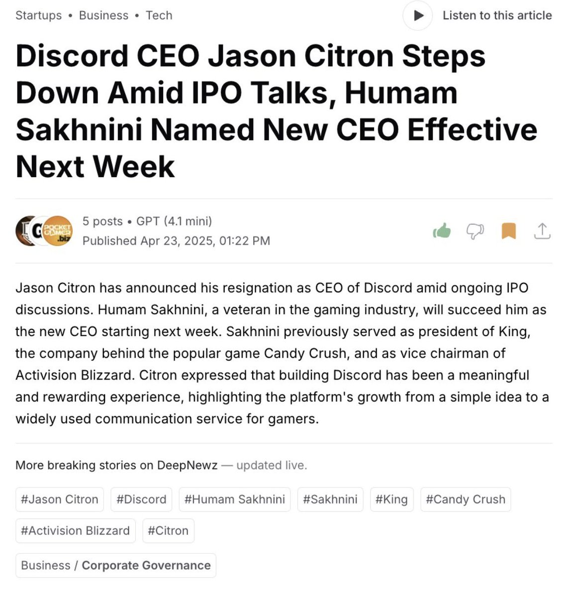Just In: Discord CEO Jason Citron has stepped down amidst IPO discussions  Citron will be replaced by former King & Activision Blizzard exec Humam  Sakhnini, and will stay on the Board of