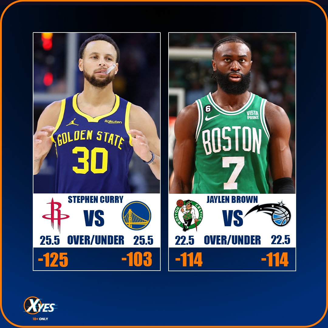 Xyes_com's tweet photo. Tonight’s NBA showdown is heating up—don’t miss out! 🔥
Can Curry break the 25.5-point mark? Will Jaylen Brown surpass 22.5 points? 🏀
What’s your prediction? Join the action now! 💥
#NBAPlayoffs #BettingPicks #BasketballFever https://t.co/8I52yBVvDi
