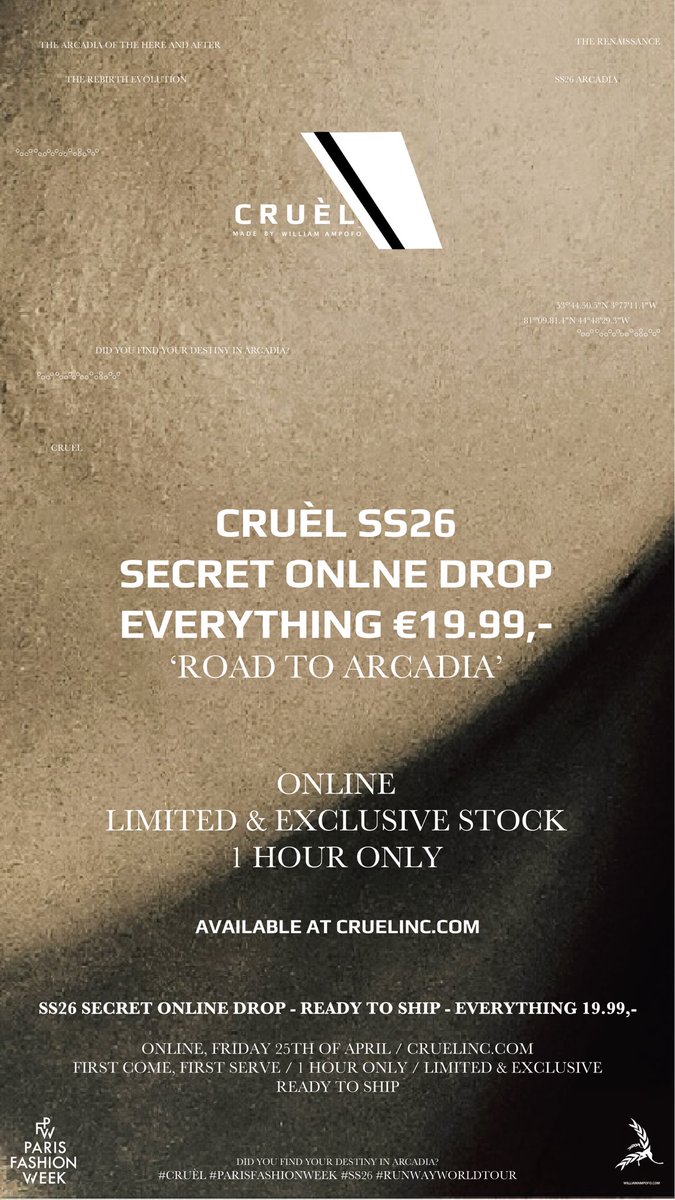 Cruelwilll's tweet photo. CRUÈL SS26 Secret Online Drop / Everything €19,-

Pre ‘Road To Arcadia’ DROP! 
This Friday, 25th of April at 20.00 PM CEST at https://t.co/goOCqUi6r2 

RSVP Live Now / Everything 19,- / 1 Hour Only / Ready To Ship / First Come, First Serve 🔥🪐 https://t.co/81Xrg1rVZm