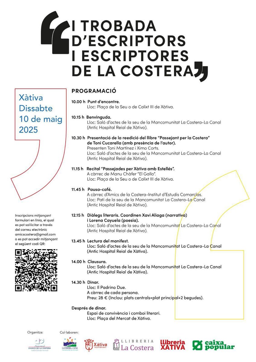 👥🖋️I TROBADA D’ESCRIPTORS/ES DE LA COSTERA

📣Si eres escriptor/a  de la Costera, participa en la I Trobada d’Escriptors i Escriptores de la Costera

🗓️Dissabte 10 de maig a Xàtiva

📋Programació i accés formulari a través del cartell o següent enllaç:

forms.gle/KCR9C5fP96GYA5…