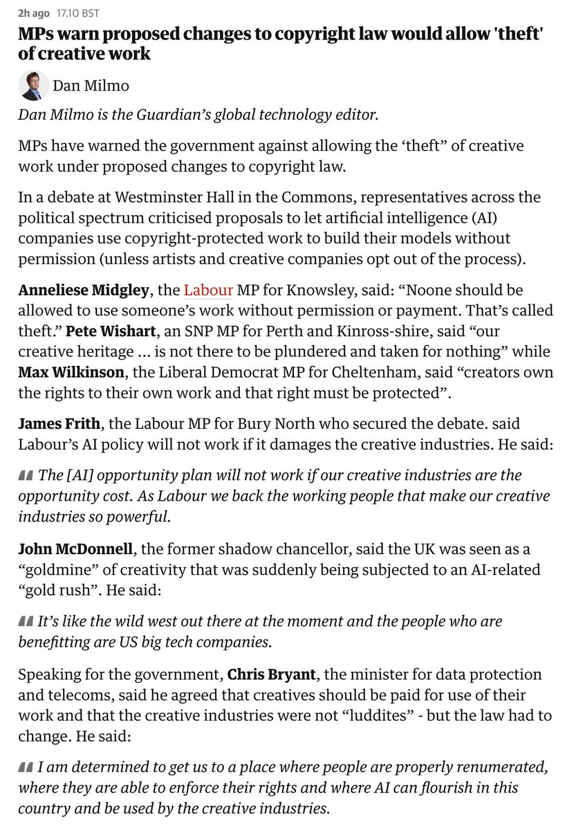 ednewtonrex's tweet photo. Great to see so many UK MPs coming out against the theft of creative work by AI companies in today's parliamentary debate ⬇️

https://t.co/a8HyActuou https://t.co/mKyTWo4hYE