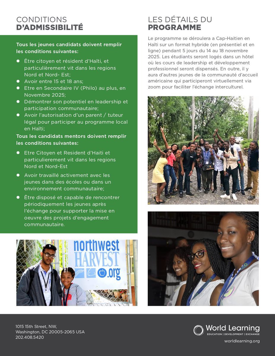 YOUTH AMBASSADORS PROGRAM 
-------------- 
PROGRAMME DES JEUNES AMBASSADEURS

Tu as entre 15 et 18 ans, vis dans le Nord ou le Nord’Est, et tu es engagé·e en leadership, développement communautaire ou entrepreneuriat social ?
Postule au programme Jeunes Ambassadeurs 2025, soutenu