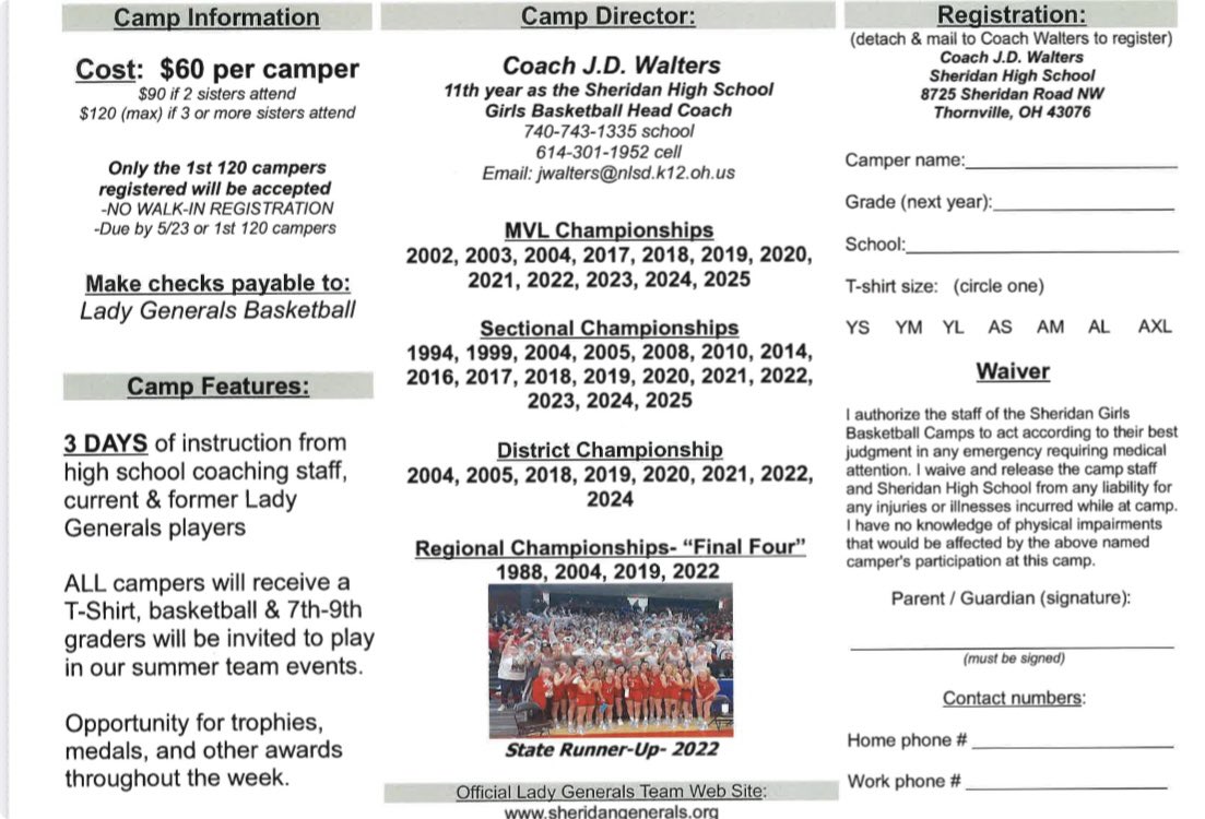 Girls Basketball Camp registration for students going into 2nd-9th grades is open for 1 more month or until it fills up with 120 campers. Extra registration brochures are in each Northern Local school office