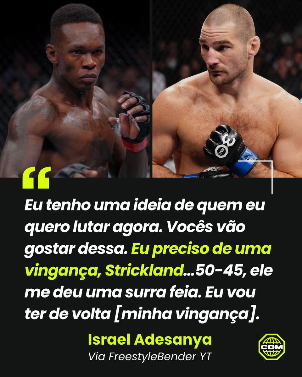 O Adesanya quer voltar e tem um alvo! Aprovam?

O ex-campeão ainda explicou que sentiu intimidado pela forma como Strickland personificou o bullying de adolescência. Sendo assim, a vingança é pessoal…

#UFC #UFCBR #MMA
