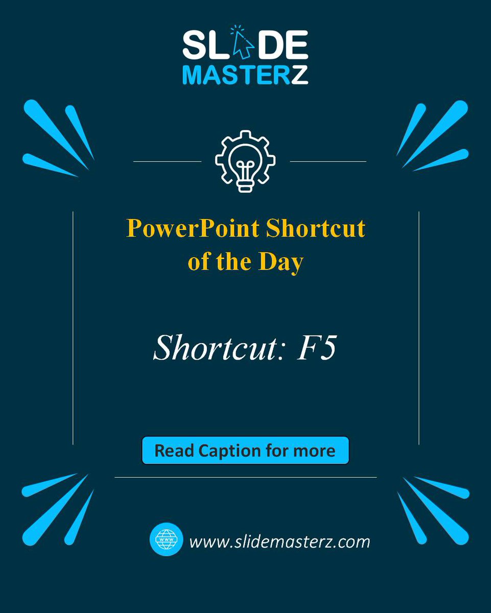 SlidemasterzT's tweet image. 🎯 Ready to present? Hit F5 to start your slideshow from the beginning.

Read our blogs for more: slidemasterz.com/powerpoint-blo…

#PresentationMode #PowerPointShortcuts #SlideMasterz  #PowerPointTricks #PowerPointHacks #freepowerpointtemplates