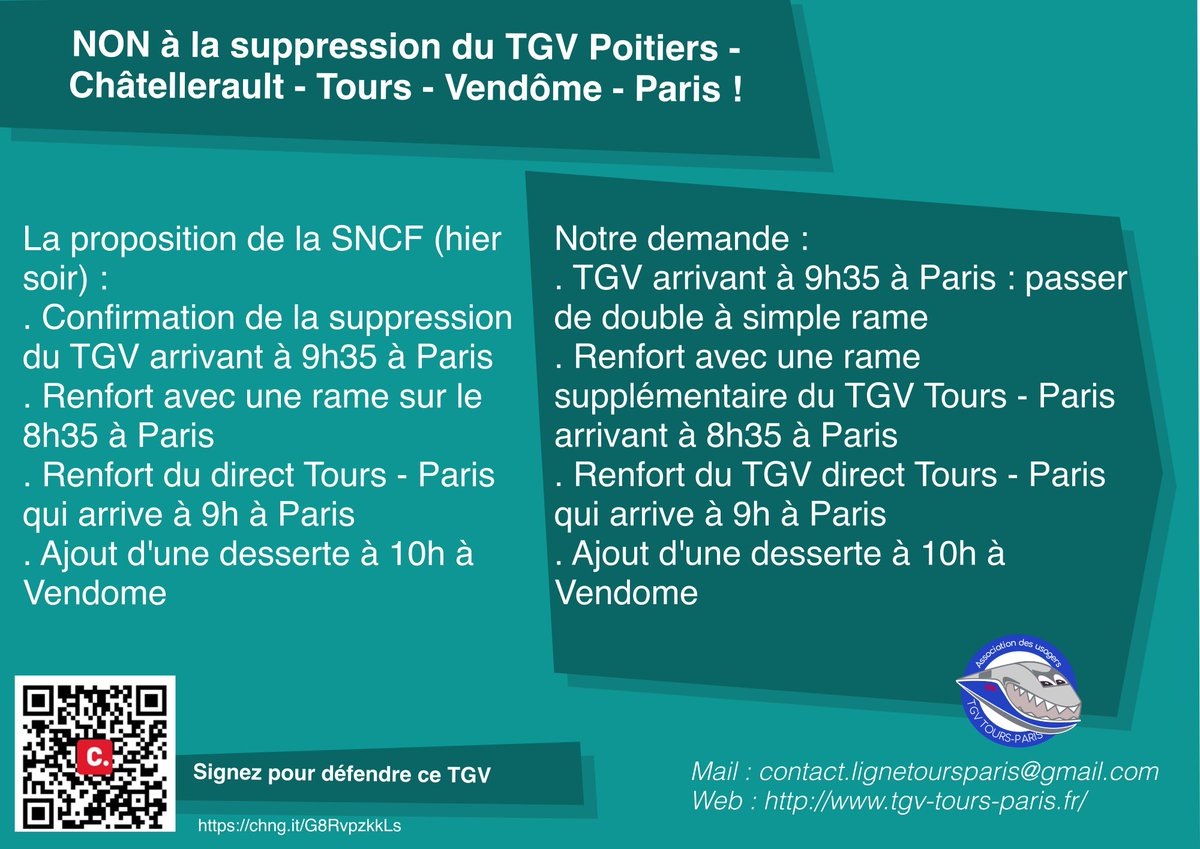 La demande de notre association #TGV #TOURS PARIS face à la menace de disparition d'un TGV du matin

Nous ne lâcherons rien! signez la pétition et rejoignez les 5.000 mécontents.
Ensemble, plus forts!

<a href="/transportsidf/">Le Parisien | transports</a> <a href="/afpfr/">Agence France-Presse</a> <a href="/SNCFVoyageurs/">SNCF Voyageurs</a> <a href="/BFMTV/">BFM</a> <a href="/CNEWS/">CNEWS</a>