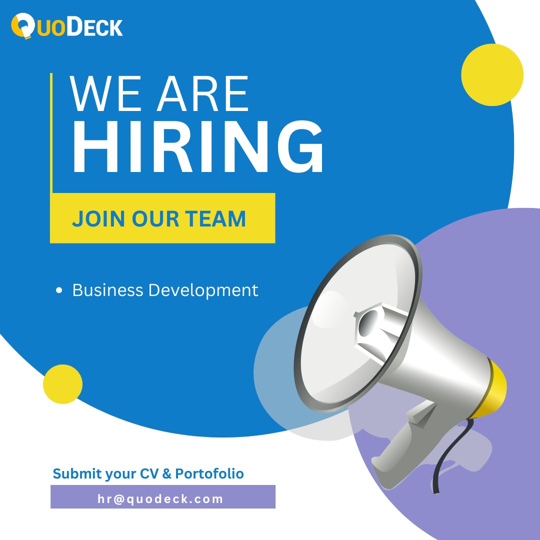 QuoDeck (@quodeck) on Twitter photo Are you ready to take your business acumen to the next level? QuoDeck is hiring a Business Development Manager! 🚀 Build relationships, close deals, and drive growth with us. 🌟 Send your resume to 📩 hr@quodeck.com #Hiring #BusinessDevelopment #JoinOurTeam Are you ready to take your business acumen to the next level? QuoDeck is hiring a Business Development Manager! 🚀 Build relationships, close deals, and drive growth with us. 🌟 Send your resume to 📩 hr@quodeck.com #Hiring #BusinessDevelopment #JoinOurTeam