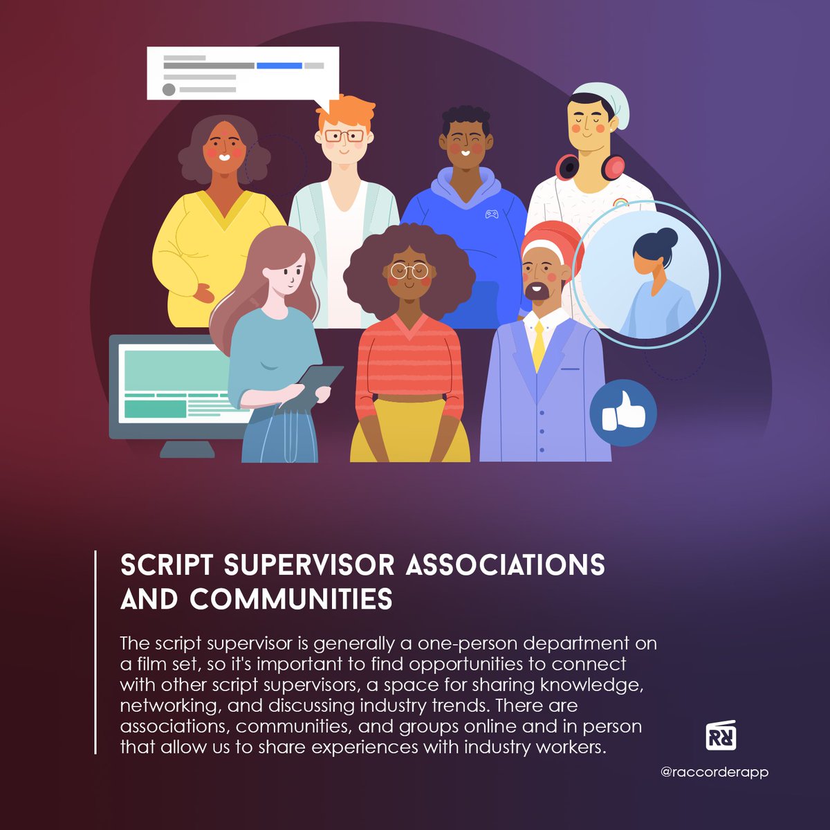 Raccorder's tweet photo. Script supervisors can find associations, communities, and groups that offer professional development, networking, and resources. 👏🏼👏🏼📽️👍🏼

#scriptsupervisor #filmmaker #networking #continuista #scriptsupervisors #raccord #filmset #scripty #assiciation #raccorder #raccorderapp https://t.co/tPxzQjd7eC