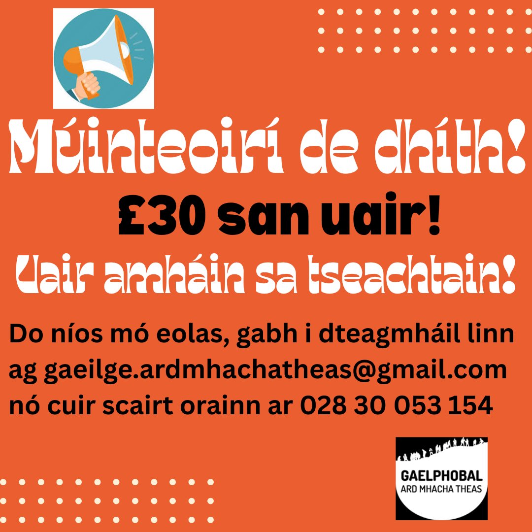 Gaelphobal Ard Mhacha Theas (@gaelphobal_amt) on Twitter photo Tá múinteoirí de dhíth orainn chun sraith sheachtainiúil de ranganna a ghlacadh!😯
Cláraigh thíos le suim a léiriú nó déan teagmháil linn ag gaeilge.ardmhachatheas@gmail.com nó 028 30 053 184 chun tuilleadh eolais a fháil!!🙌
docs.google.com/forms/d/e/1FAI… Tá múinteoirí de dhíth orainn chun sraith sheachtainiúil de ranganna a ghlacadh!😯
Cláraigh thíos le suim a léiriú nó déan teagmháil linn ag gaeilge.ardmhachatheas@gmail.com nó 028 30 053 184 chun tuilleadh eolais a fháil!!🙌
docs.google.com/forms/d/e/1FAI…