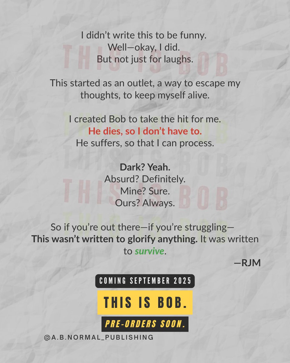 Sincados's tweet photo. This is Bob.

A book born from darkness, absurdity, and survival, not written to glorify, but to get through it. If you’ve ever fought your demons with humor (or a pen), this one’s for you.

Coming September 2025.
Pre-orders open soon.

#IndieBookPromo https://t.co/Nks0Mebsxh