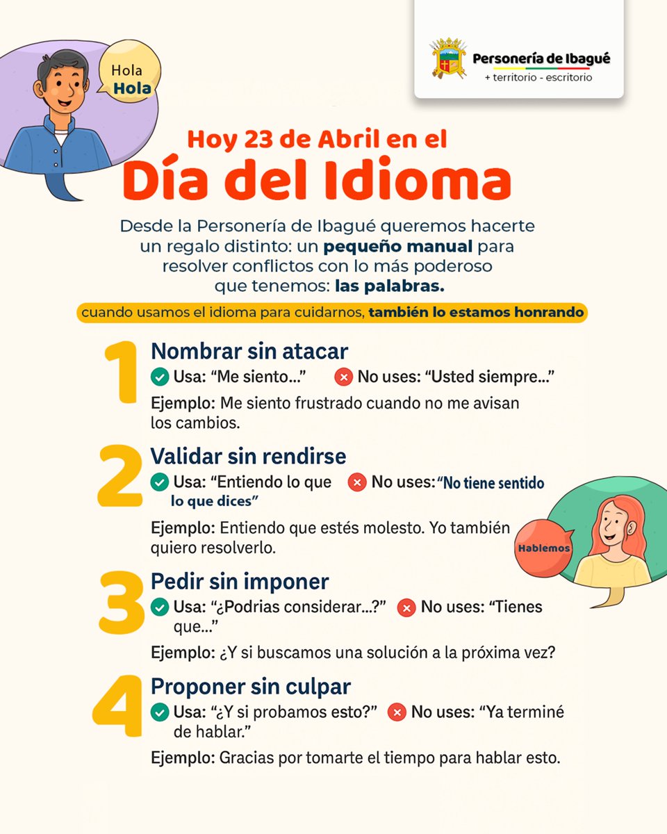 📚 En el #DíaDelIdioma regalamos lo más valioso: la palabra.
Desde la @PersoneriaIbague te compartimos un mini manual para resolver conflictos con respeto y empatía.
🗣️ Hablar bien también es defender derechos.
🔁 ¡Compártelo!