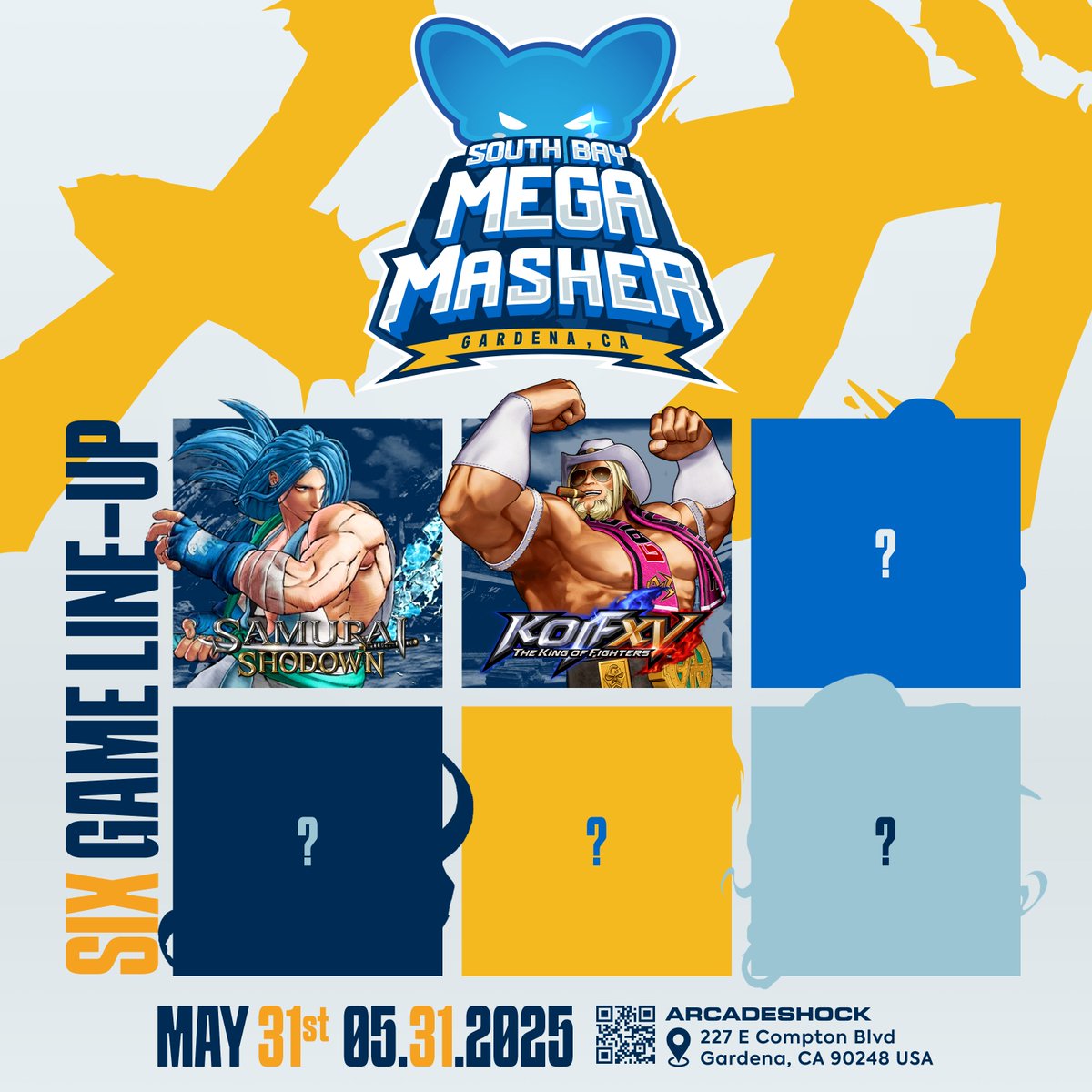 ONE YEAR ANNIVERSARY

SOUTH BAY MEGA MASHER - Saturday, May 31st

To celebrate one of hosting events at the ARCADESHOCK facilities, six (maybe seven) games will be on deck to compete in.   Six separate streams by six T.O.s and their teams.   A mega-mix of retro and modern