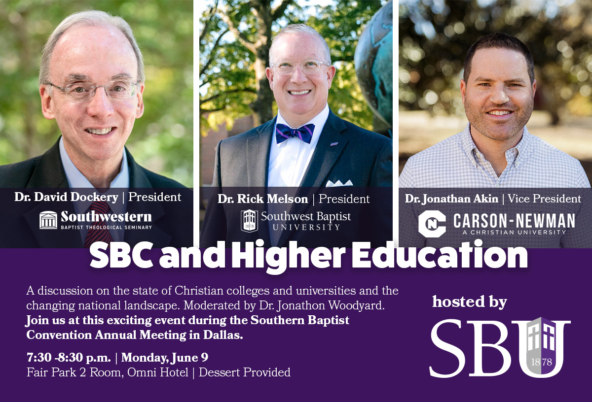 SWBaptist University (@sbuniv) on Twitter photo Join us <a href="/SBCMeeting/">SBC Annual Meeting</a> in Dallas on Monday, June 9, for a conversation about higher ed and the Southern Baptist Convention. SBU's <a href="/jonwoodyard/">jonwoodyard</a> will moderate a panel featuring <a href="/RickMelson/">Rick Melson</a> <a href="/Jonathanakin/">Jonathan Akin</a> and David Dockery. You won't want to miss it! bit.ly/3GzQgdD Join us <a href="/SBCMeeting/">SBC Annual Meeting</a> in Dallas on Monday, June 9, for a conversation about higher ed and the Southern Baptist Convention. SBU's <a href="/jonwoodyard/">jonwoodyard</a> will moderate a panel featuring <a href="/RickMelson/">Rick Melson</a> <a href="/Jonathanakin/">Jonathan Akin</a> and David Dockery. You won't want to miss it! bit.ly/3GzQgdD
