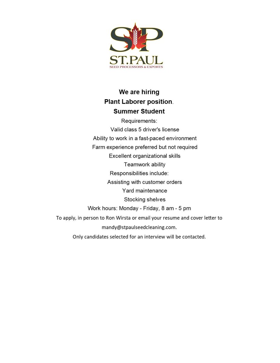An exciting opportunity for a summer student position is open. Interested candidates are encouraged to apply by submitting their cover letter and resume, either deliver them in person to the St. Paul Seed Cleaning office or email to mandy@stpaulseedcleaning.com. #SummerJobs