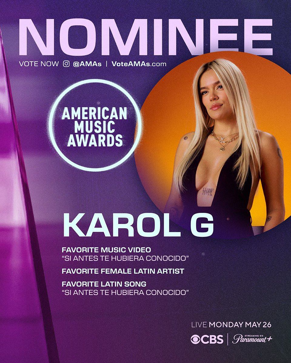 AcoustyleComm's tweet photo. 💖@karolg is nominated for THREE categories at the 2025 @AMAs:
 
🎥 Favorite Music Video
 👑 Favorite Female Latin Artist
 🎶 Favorite Latin Song 💖

Fans can vote daily at https://t.co/0eRF3PHqNC until Thursday, May 15 at 11:59 pm PT
 #AMAs #KarolG #LatinAMAs https://t.co/U8E6bJnosE