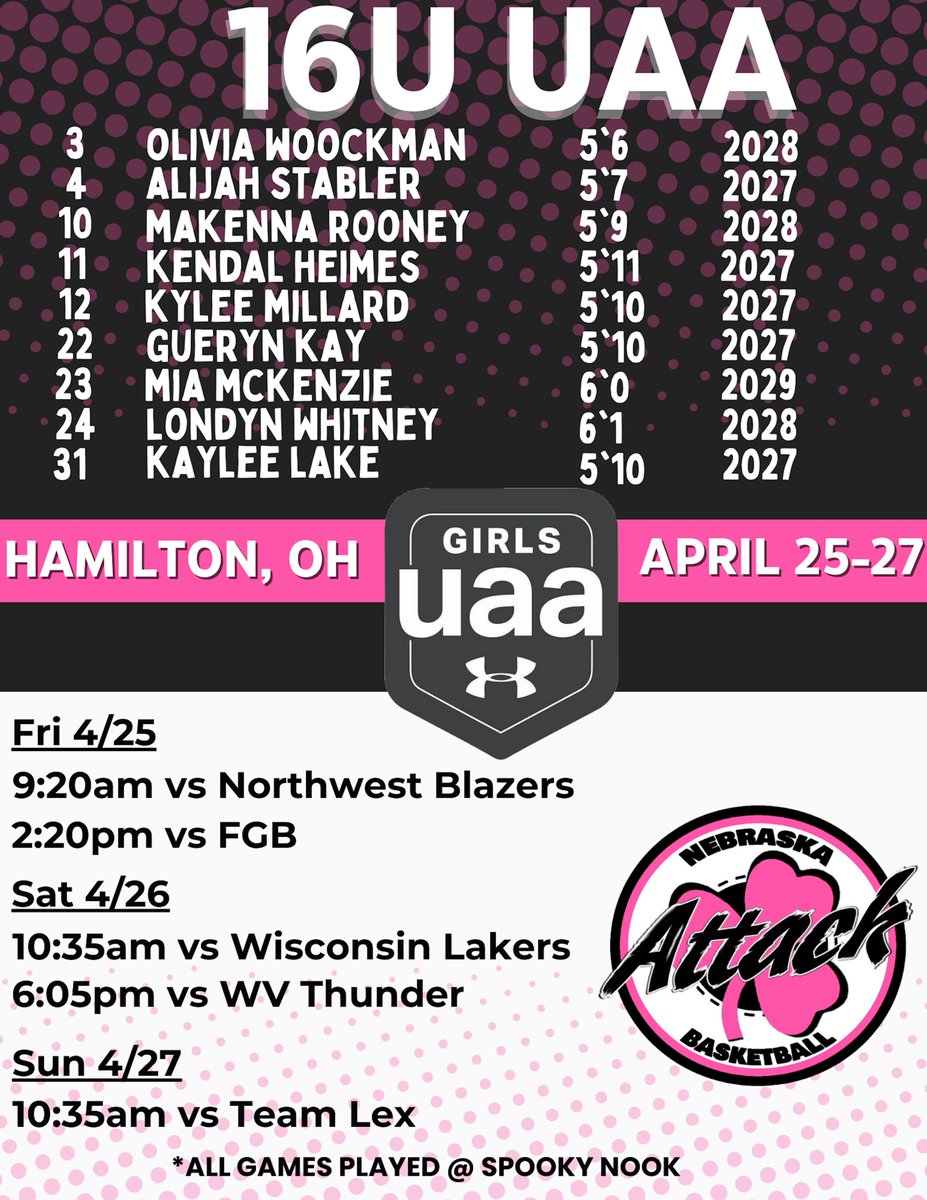 NebraskaAttack's tweet image. 𝗡𝗲𝗯𝗿𝗮𝘀𝗸𝗮 𝗔𝘁𝘁𝗮𝗰𝗸 𝟭𝟲𝗨 𝗨𝗔𝗔
Roster & Schedule
UAA Session 1- Hamilton, OH
4/25-4/27
