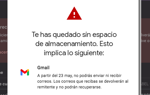 Hoy se venció mi almacenamiento anual y al segundo me empezaron a salir estos avisos. Te odio Google.