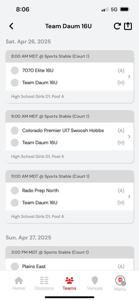 This weekends 16U girl’s tourney schedule…