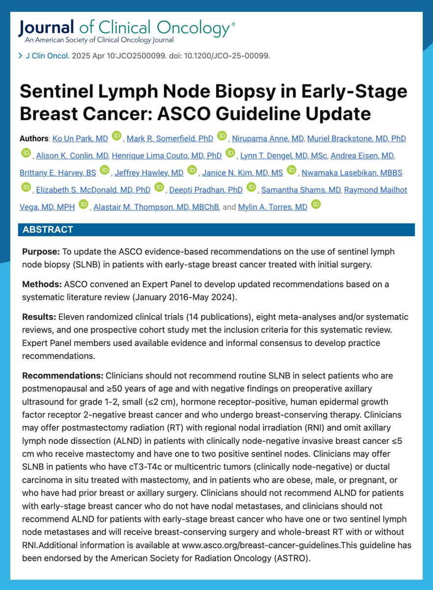 Dana-Farberās Breast Oncology Center (@dfci_breastonc) on Twitter photo Newly Updated <a href="/ASCO/">ASCO</a> Guideline on Sentinel Lymph Node Biopsy in Early-Stage #BreastCancer, read the full set of recommendations here:
špubmed.ncbi.nlm.nih.gov/40209128/
āļø<a href="/KClaraPark/">Dr.Clara Park, MD, FACS</a> <a href="/AliConlinMD/">Alison conlin</a> <a href="/ltdengel/">Lynn T. Dengel</a>
<a href="/BrittanyEHarvey/">Brittany Harvey</a> <a href="/DrAMTthompson/">Alastair M Thompson</a> <a href="/MylinTorres/">Mylin Torres</a>
in <a href="/JCO_ASCO/">Journal of Clinical Oncology</a> Newly Updated <a href="/ASCO/">ASCO</a> Guideline on Sentinel Lymph Node Biopsy in Early-Stage #BreastCancer, read the full set of recommendations here:
špubmed.ncbi.nlm.nih.gov/40209128/
āļø<a href="/KClaraPark/">Dr.Clara Park, MD, FACS</a> <a href="/AliConlinMD/">Alison conlin</a> <a href="/ltdengel/">Lynn T. Dengel</a>
<a href="/BrittanyEHarvey/">Brittany Harvey</a> <a href="/DrAMTthompson/">Alastair M Thompson</a> <a href="/MylinTorres/">Mylin Torres</a>
in <a href="/JCO_ASCO/">Journal of Clinical Oncology</a>